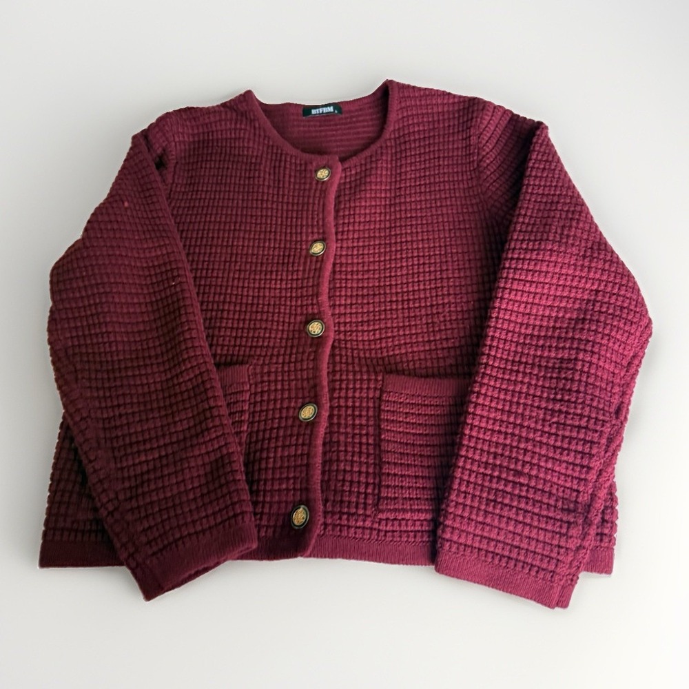 BTFBM Textured Knit Cardigan Jacket Women's Size S Maroon Gold Buttons